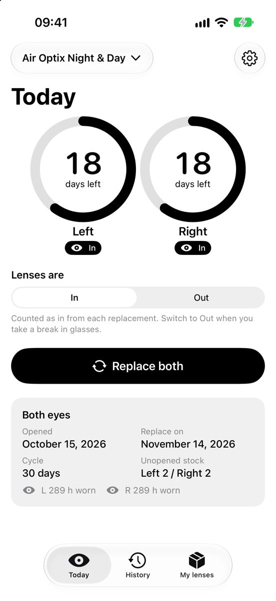Today: two rings showing 18 days left on each lens, an In and Out switch, Replace both, and a summary of opening date, replacement date and stock.